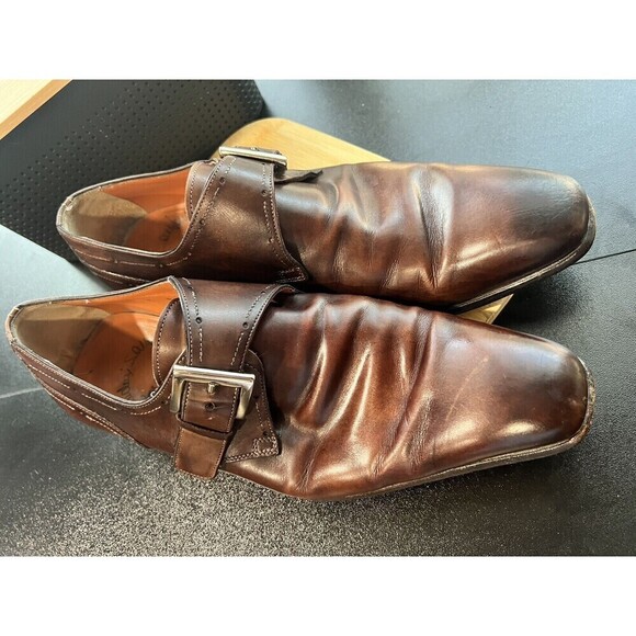 Santoni Men's Loafers Single Monk Strap shoes Size US 9 Leather Logo Brown - Picture 3 of 9